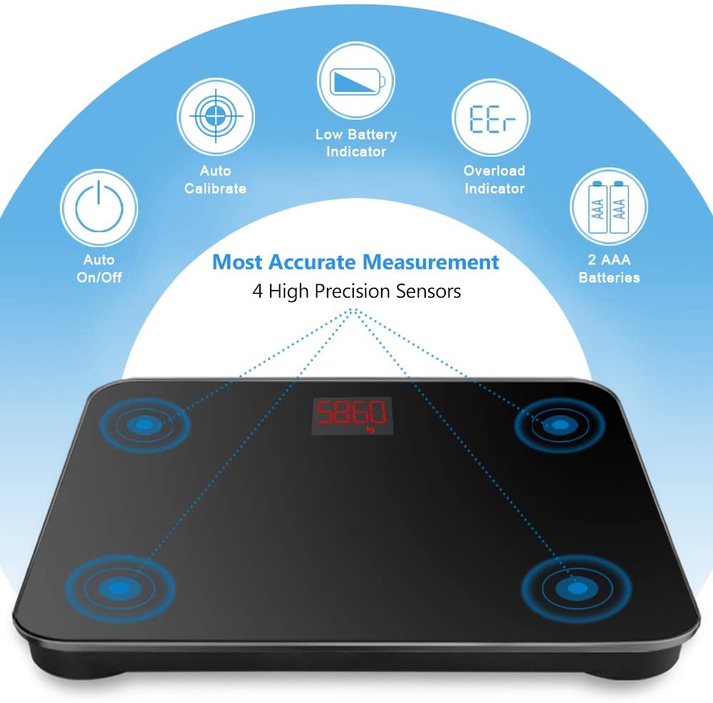 Poplar Home Products Digital Bathroom Scales for Accurate Body Weight – Ultra Thin, Black Scale – Auto Step on Design – 4 Precision Weight Sensors –