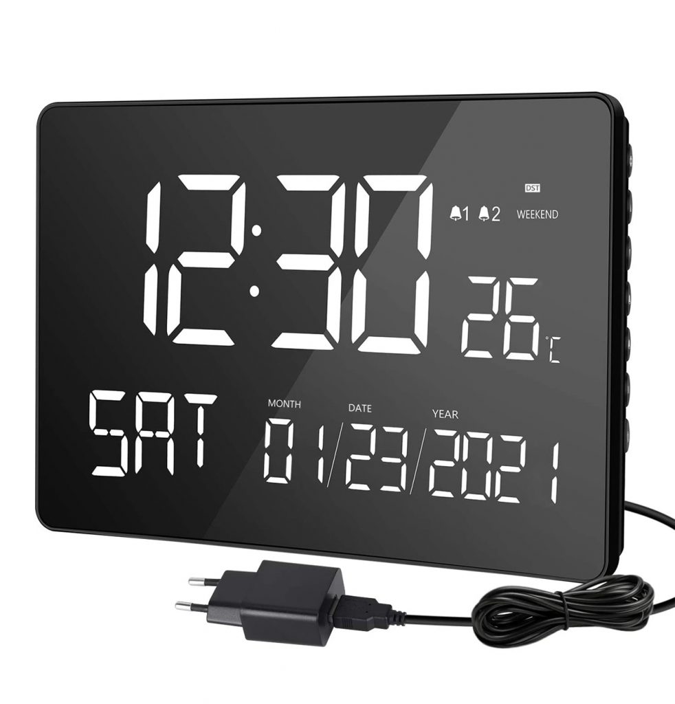 LIORQUE Alarm Clock, 11.2″ Large Curved Dimmable LED Screen, Digital Day Clock with Dual Alarms